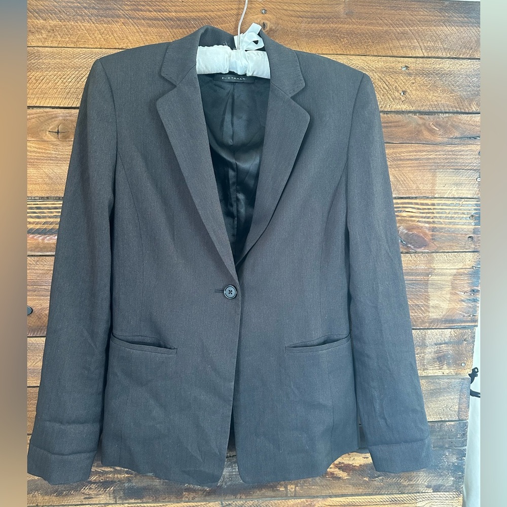 Elie Tahari Tailored Blazer Jacket Size 2 Charcoal Brown One Button Lined
